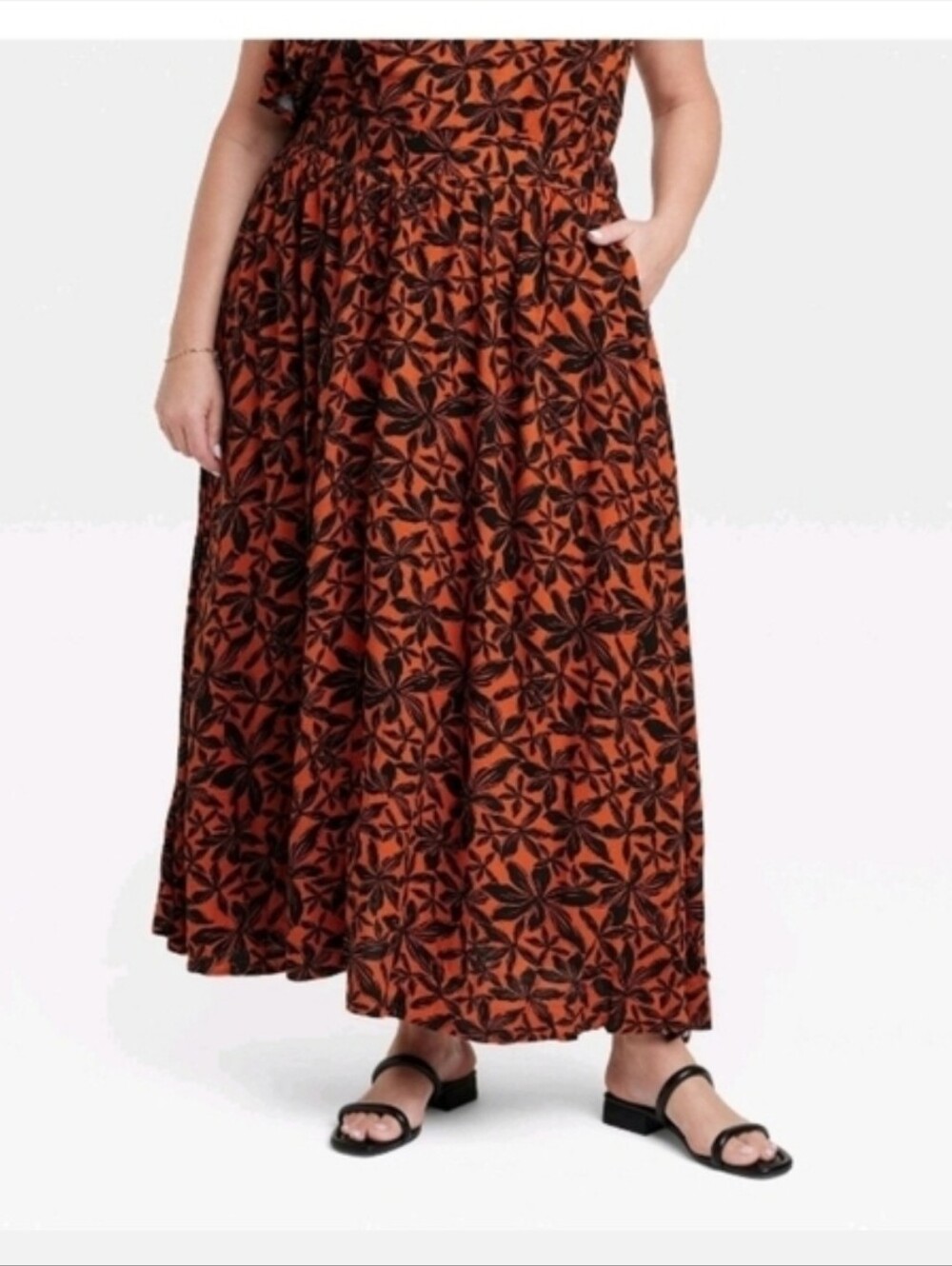 Ava & Viv Rust Orange and Black Floral Maxi Skirt